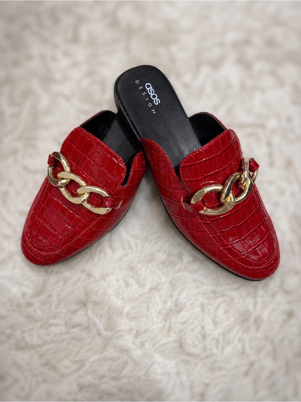 ASOS Red Croc-Embossed Slip-On Mules with Gold Chain